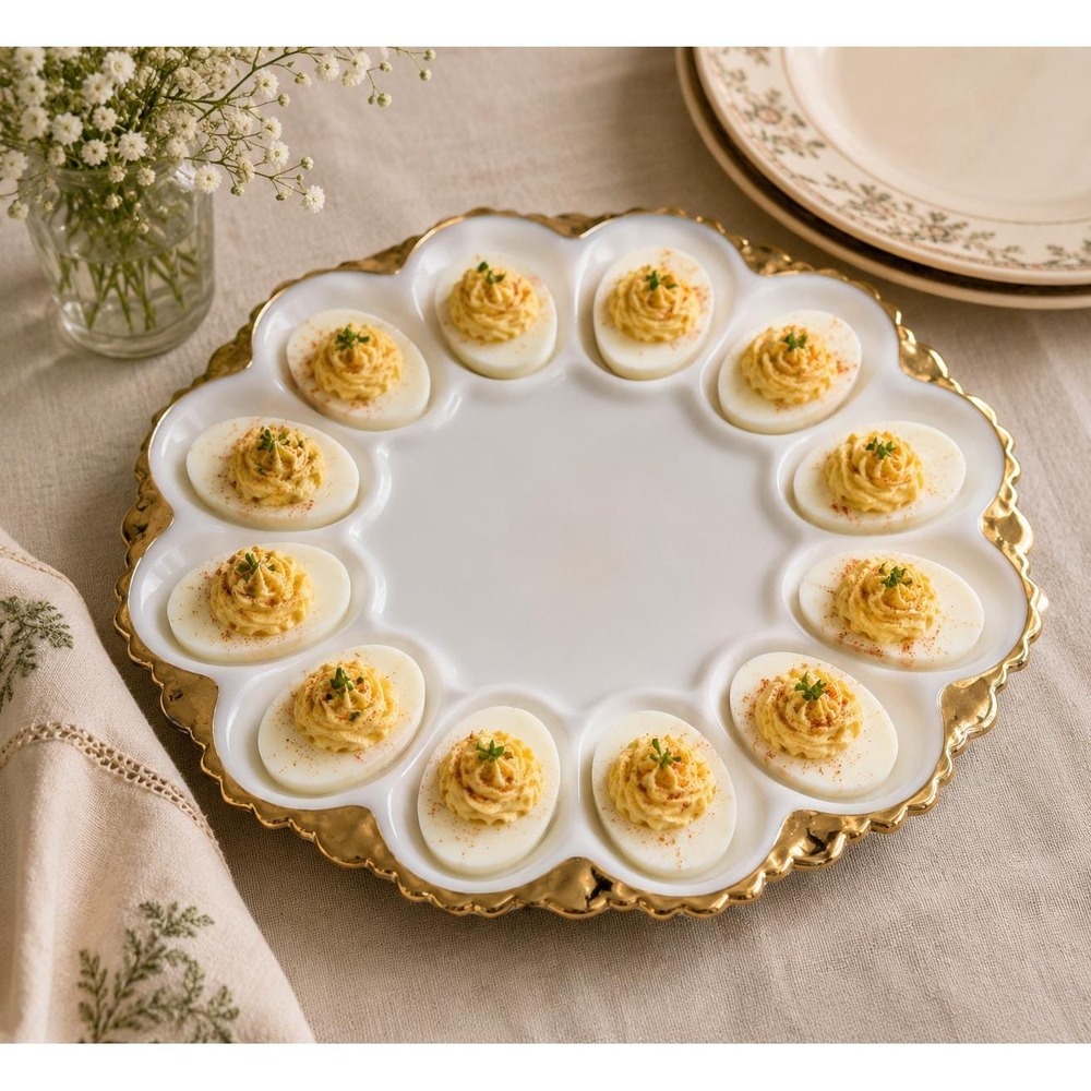 Vintage Milk Glass Deviled Egg Plate Gold Trim Scalloped Edge 10 Inch Platter